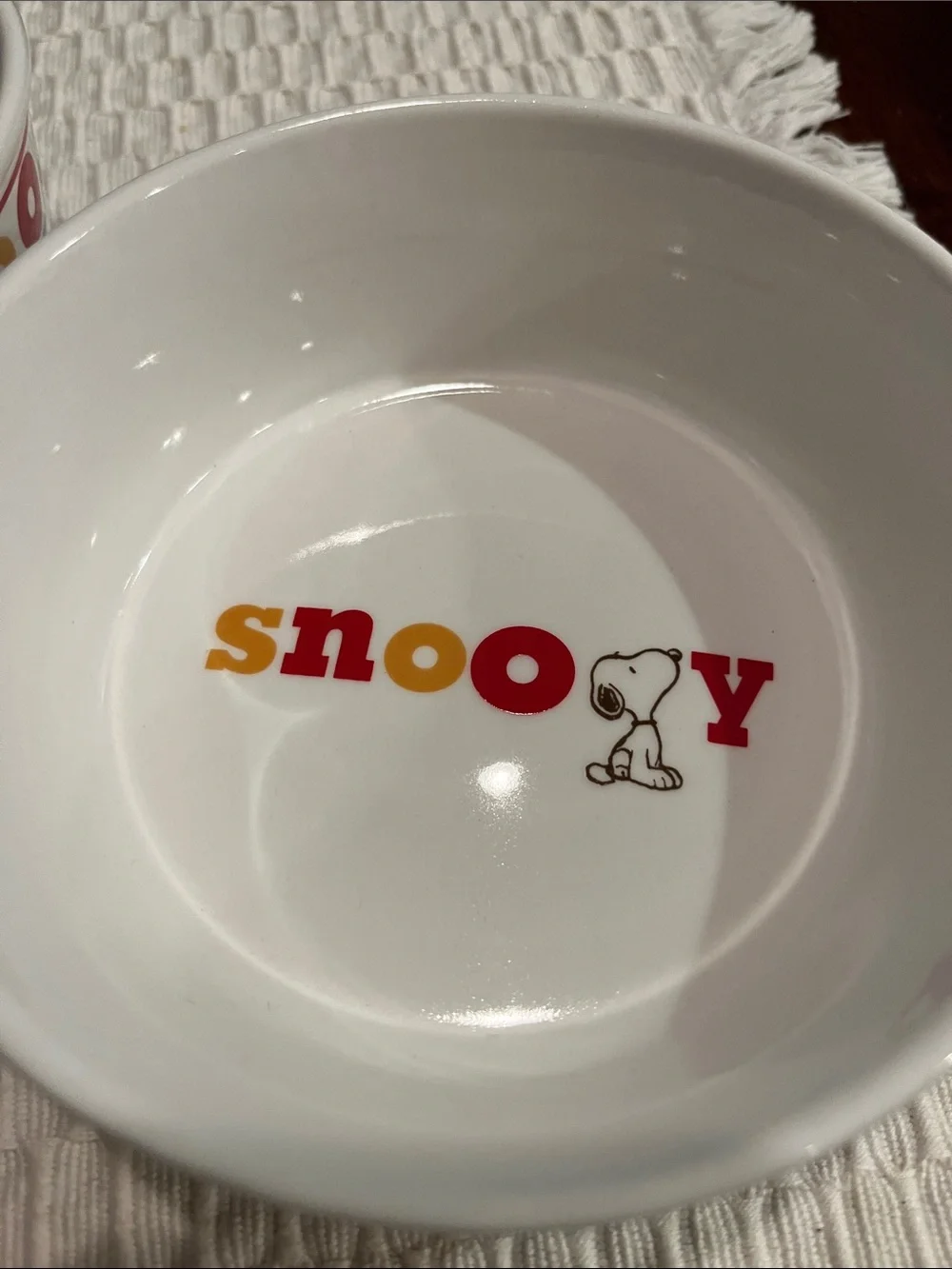 Peanuts Bowl Pair — White with Red, Yellow, Green, Blue, Orange Lettering
